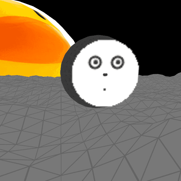 an screenshot of a sphere with a face on the moon, in the background there is a moon with a rubber duck skin