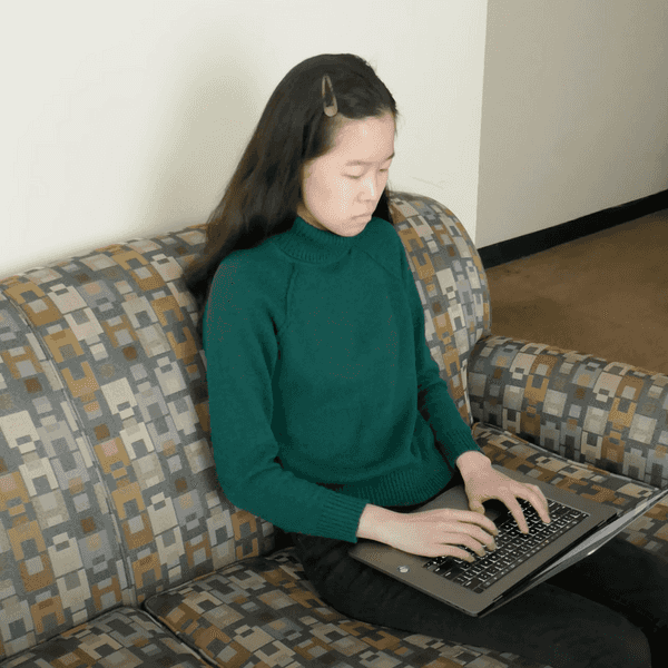 a person sits on a couch typing on a laptop